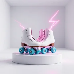 a pair of white retro! roller skates with cyan wheels on a pedestal!! in an empty white room, octane render, 3 d, pink lightning, neon!! light