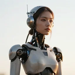 beautiful Fine art photography of a solarpunk part robot part human girl with real human face and real torso, white background, highly detailed, medium shot, photorealism, sunset lighting 8k