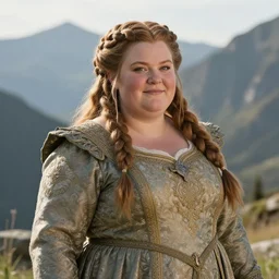beautiful dwarven lady wearing an elegant brocade dress in the mountains, by greg staples, dungeons and dragons, lord of the rings, intricate, ultrarealistic, cheerful, complex braided hair, chubby and plump, big nose, sharp focus, sunlight, soft lighting
