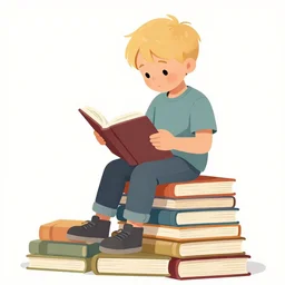 a four year old boy with short blonde hair sits on top of a tall pile of books, reading. clear, detailed face. clean cel shaded vector art by lois van baarle, artgerm, helen huang, by makoto shinkai and ilya kuvshinov, rossdraws, illustration, art by ilya kuvshinov