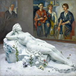 a sculpture women laying down made of snow and ice and flower and plants, painting part by wojciech siudmak, part by ilya repin, part by max ernst, part by norman rockwell, artstation