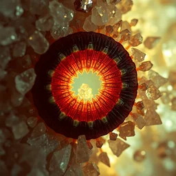 electron microscope enlargement of a chilopoda section, surrounded by acicular crystals, refracted internal light, autochrome lumiere