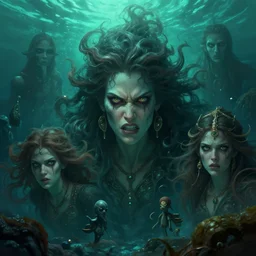 epic professional digital art of angry life, ambient teal light, painted, mysterious, closeup cinematic underwater life scene, eerie, mythic, detailed, intricate, grand, leesha hannigan, wayne haag, reyna rochin, ignacio fernandez rios, mark ryden, van herpen, artstation, cgsociety, epic, stunning, gorgeous, wow wow detail