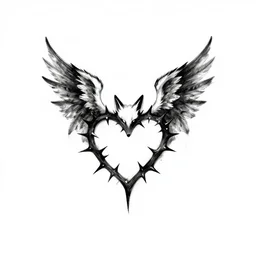 tattoo design, Winged-thorny-heart Winged-Fox fractal, simple design on white background, clean black pen drawing