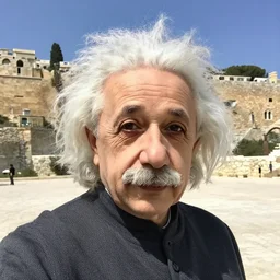 photo realistic, high quality, selfie of albert einstein at the kotel