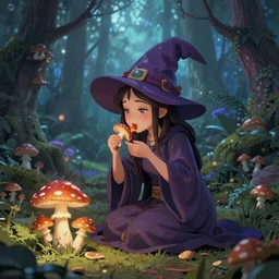 A fairy witch eating mushrooms in a magical forest