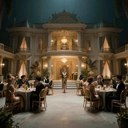 party in a 1 9 2 0's style mansion, great gatsby, cinematic light, soft illumination, cinematic composition, wide - angle, atmospheric, matte painting, trending on artstation.