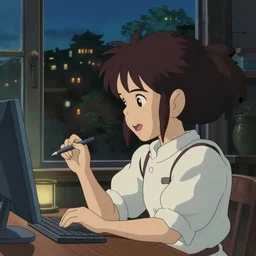 anime fine details portrait of joyful school girl studying near monitor in her room at the table, evening, lamp, lo-fi, open window, dark city landscape on the background deep bokeh, profile close-up view, anime masterpiece by Studio Ghibli. 8k, sharp high quality classic anime from 2000 in style of Hayao Miyazaki, synthewave