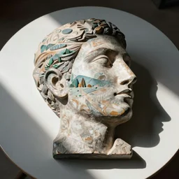 head modern sculpture, on the table, artwork, top view,