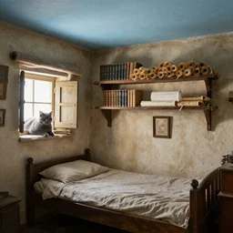 Sheepskin lined walls. A pale, blue-veined ceiling. An old bed. Shelves of books and scrolls. The room was a small one in the corner of the Keep's oldest wing. The whiskered face of a gray cat gazed from a window as she sank into it. Her hands were still shaking. But now they trembled with anger more than fear.