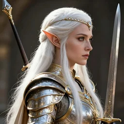 a detailed portrait profile view of the elves queen with white headband with diamonds and armor in golden and silver colors and a curve long sword, pointy small ears, full body, white long hair, detailed face, epic masterpiece of cinematographic hyperrealism, realistic shaded lighting poster by craig mallismo, artgerm, jeremy lipkin and michael garmash, unreal engine, radiant light, detailed