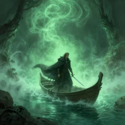 magical subterranean river styx, a man in a cape on a boat with a sword, ethereal swirling green mist, dramatic lighting, magical atmosphere,, gothic illustration, greg rutkowski, andreas rocha, ashley wood, soft edges, low detail, trending on artstation