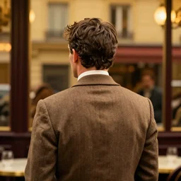 ewan mcgregor from behind dressed as a gentleman in early 2 0 th century paris cafe. warm colour, brown colours, yellow colours
