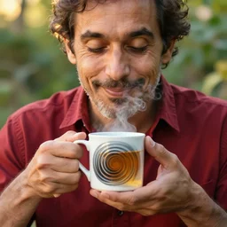 mr robert is drinking fresh tea, smoke pot and meditate in a garden from spiral mug, detailed smiled face, muscular hands, golden hour closeup photo, red elegant shirt, eyes wide open