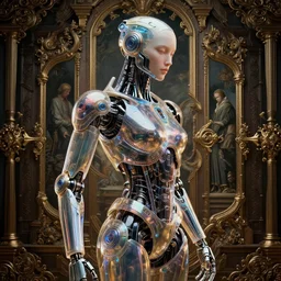 vibrant ultra clear sideview waist up portrait of cybernetic!!! cyborg!! robot! symmetry background wallpaper by laurie greasley rene magritte gustave dore, low contrast, cinematic dramatic lighting, hyper realistic detailed intricate render, hypermaximalist, ornate, epic composition, 4 k 8 k, octane blender, sharp focus, concept art, masterpiece award