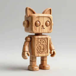 3D 8k octan render ,ultra photorealistic, storyboard a wooden sculpture carving art toys wooden on feet very cute robot wooden with cat ears  ,art by Alphonse Mucha