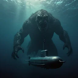a huge monster of the deep emerges out of the darkness of the deep ocean waters to attack a small submarine, muted colors, horror, eerie lighting, god rays