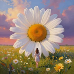 giant daisy flower head, girl standing in a flower field, surreal photography, sunrise dramatic light, impressionist painting, colorful clouds, digital painting, artstation, simon stalenhag, flower face