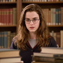 A photo of Buffy Summers wearing glasses as a librarian; f/1.4, 90mm, extraodinary masterpiece!!!!!!