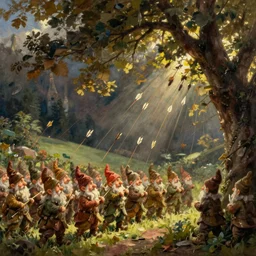 an army of gnomes sending an arrow volley at a tree. canvis oil painting