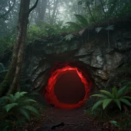 red glow coming from cave entrance in ethereal lush forest with mystical ambiance and fog, desaturated, realistic, sharp focus, highly detailed, by artgerm