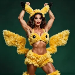 dream muscular woman in a furry costune of Pikachu, performing burlesque, dark green background, photo by Annie Liebovitz for Vogue