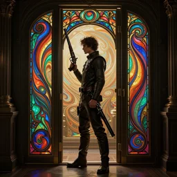man stands with a blaster at the door, shotgun, details, dark room, side profile centered, by artgerm, cushart krenz, greg rutkowski, james jean. art nouveau. gloomhaven, swirly vibrant ripples, gaudy colors, sharp edges. ultra clear detailed. 8 k. elegant, intricate, octane render