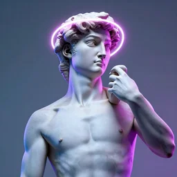 the statue of david with a neon ring around the head in a synthwave, digital art, hyper-realistic