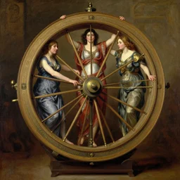 The three Fates using a massive spinning wheel, oil painting by John Sargent, 8k