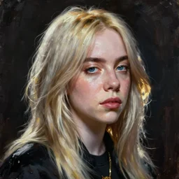 unnerving realistic oil painting portrait of Billie Eilish by Francisco de Goya, realistic, dramatic backlighting