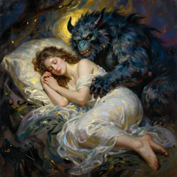 surreal painting of woman sleeping with a monster