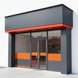 Award winning shopfront design, convenience store, dark grey, anthracite with bright red and orange accents, perforated metal, paint, laser cut textures, highly detailed, bright signage, vinyl on glazing, retaildesignblog.net, retail-focus.co.uk, valentinosdisplays.com/blog, pinterest, coroflot, behance.net, trending, best of,