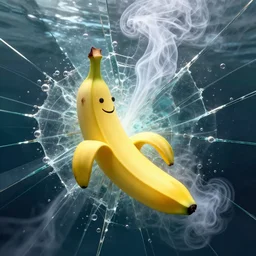 friendly banana with a smile, chaotic storm of liquid smoke, stylized beauty portrait, by petros afshar, ross tran, tom whalen, peter mohrbacher, artgerm, shattered glass, bubbly underwater scenery, radiant light