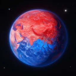 creates on a planet in space, divided in 2, red side and blue side, style of Kurzgesagt, trending on artstation, 4k