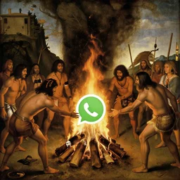reinassance painting of a group of indigens putting the whatsapp logo on fire in a big bonfire. realistic. tribal. style of veronese