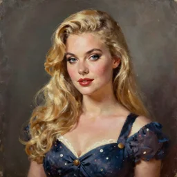 beautiful woman, long blonde hair, make up, beautiful dress, by greg hildebrandt fancy oil painting high quality clothed in pin up style