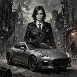 painting of the figure a female investigator in a lovecraftian arkham city scenery, 1 9 2 0 cars, high contrast, concept art, dramatic lighting, digital art, 8 k, arkham city, call of cthulhu, extremely detailed, drawn by ruan jia
