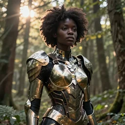 neo-surreal very beautiful! black woman, detailed exoskeleton armor, in a forest sun behind, digital art brad kunkle elson peter, dramatic blue light low angle hd 8k sharp focus