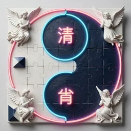 An extremely high quality hd surrealism painting of a taoism yinyang jigsaw puzzle made of neon outlines, neon textyinyang outlines, yin yang, and escher figures, angels and demons, evil and good, archetypal, suffering darkness and white healing light streaming through exploded view of jigsaw pieces, specular light, dramatic, moody, 4k, 8k, ultra realistic, complex, interlocked