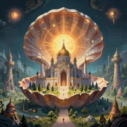 symetrical, a majestic photograph of the kingdom of agharta, land of advanced races, giant, hollow earth infographic, illustrations, a big shell with a sun in the interior, dynamic lighting, fantastically beautiful, aesthetically inspired by monia merlo, trending on artstation, art by daniel merriam, 8 k, upscale