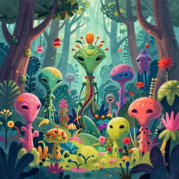 a forest of alien plants, award winning concept art, colorful, vibrant, trending on artstation