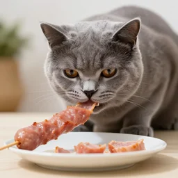 grey brittish short hair cat eating kebap, animal photography, food photography