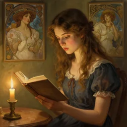 a girl reading a book, candle light, highly detailed, digital painting, cgsociety, concept art, sharp focus, illustration, art by artgerm and greg rutkowski and alphonse mucha