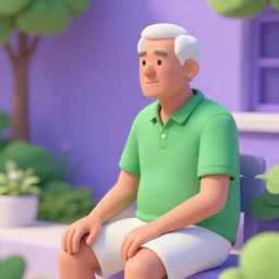 mid white hair old man with green shirt and white short, sitting in ile de re house garden, still from purple noon
