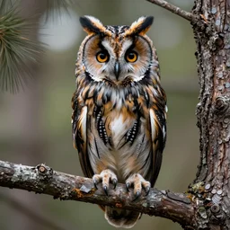 beautiful hyperrealist highly detailed cinematic lighting nature photograph of a long eared owl on a tree branch, symmetrical full body, beautiful high contrast wood engraving, moebius and charles burns comic style, shocking detail trending on artstation 8 k