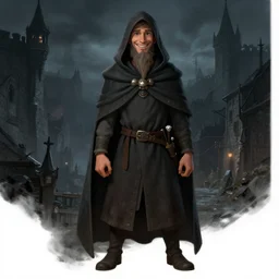 4 0 years old man, skinny, slim, friendly, smiling, happy : : long, goatee beard : : hooded cloak : : medieval city, night, dark, grim, high detail, digital art, rpg, illustration