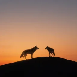 far away wolf on the mountain silhouette, extremely detailed digital art, sunset, orange gradient, 8k