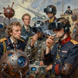 junky men smoking cigarette, cybertronic gadgets and vr helmet, biotechnology, rusty shapes, duty colours, piotr jablonski, mark maggiori, jeff dekal, norman rockwell, long shot, hyperrealistic oil painting on canvas, deep depth field, cinematic composition, hyper - detailed, hdr, 8 k, 4 k