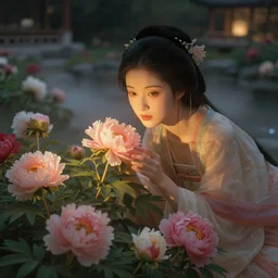 ancient fantasy garden at night, beautiful woman caring for peonies, beautiful face, focus on face, natural pose, pond, ethereal warm light, mist, fantasy world, coherent composition, shallow depth of field, detailed fantasy painting, yuumei, noriyoshi ohrai, ( ( rolf armstrong ) )