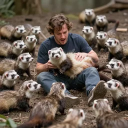 man surrounded by ferrets falling around him, stock photo